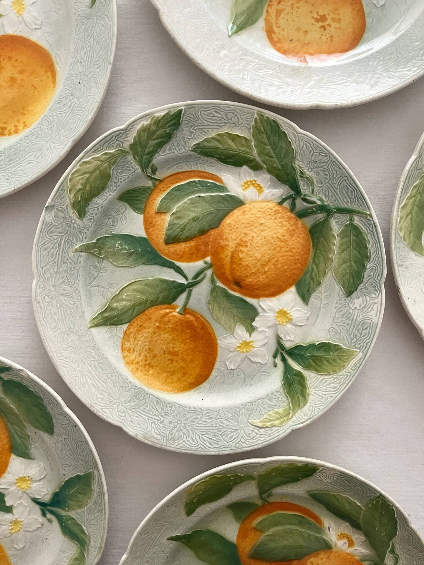 6 orange barbotine dessert plates from Saint Clément earthenware.
