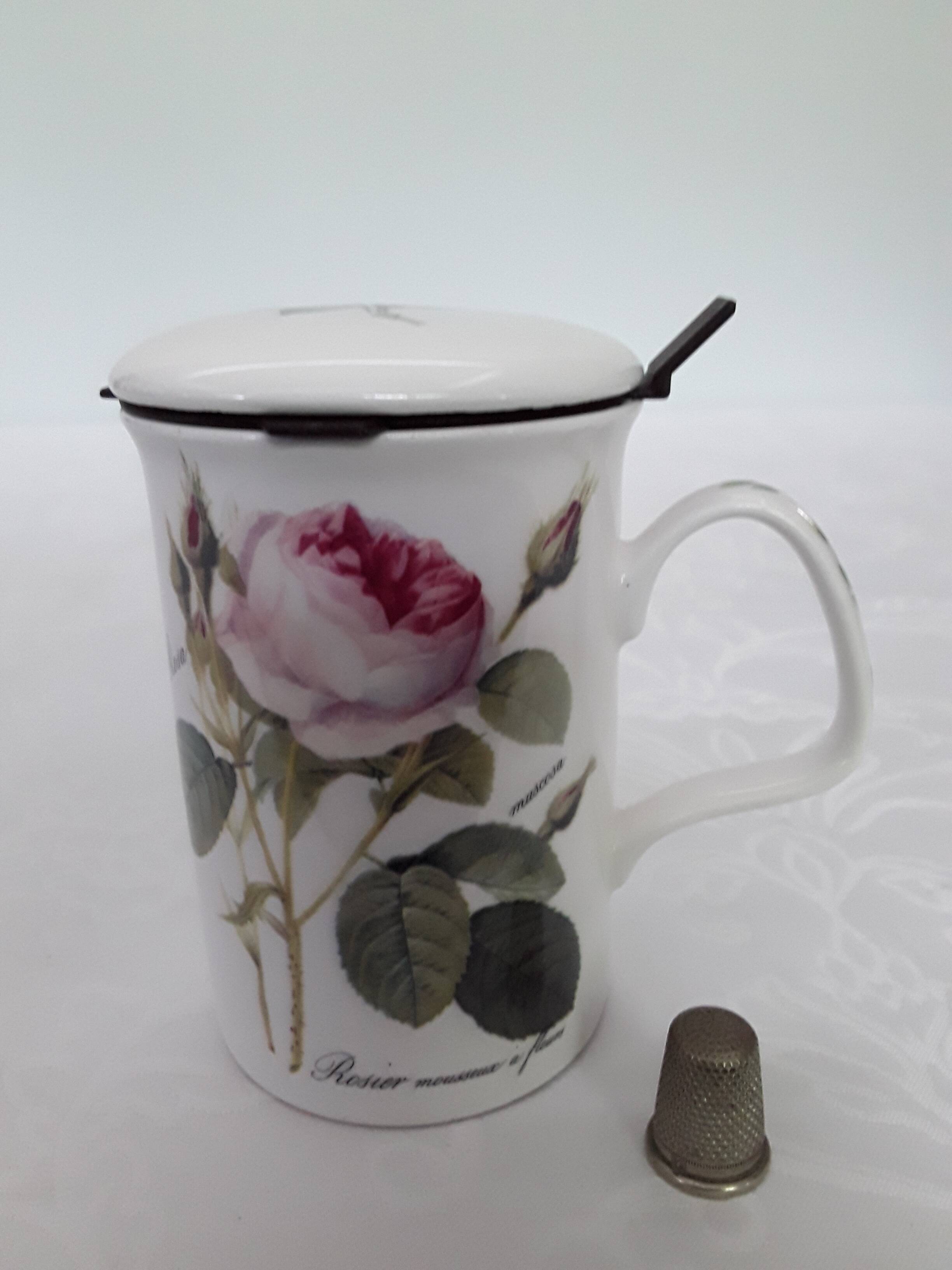 Mug, rose bush decor cup with lid and tea infuser