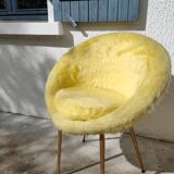 Yellow basket chair, spindle legs