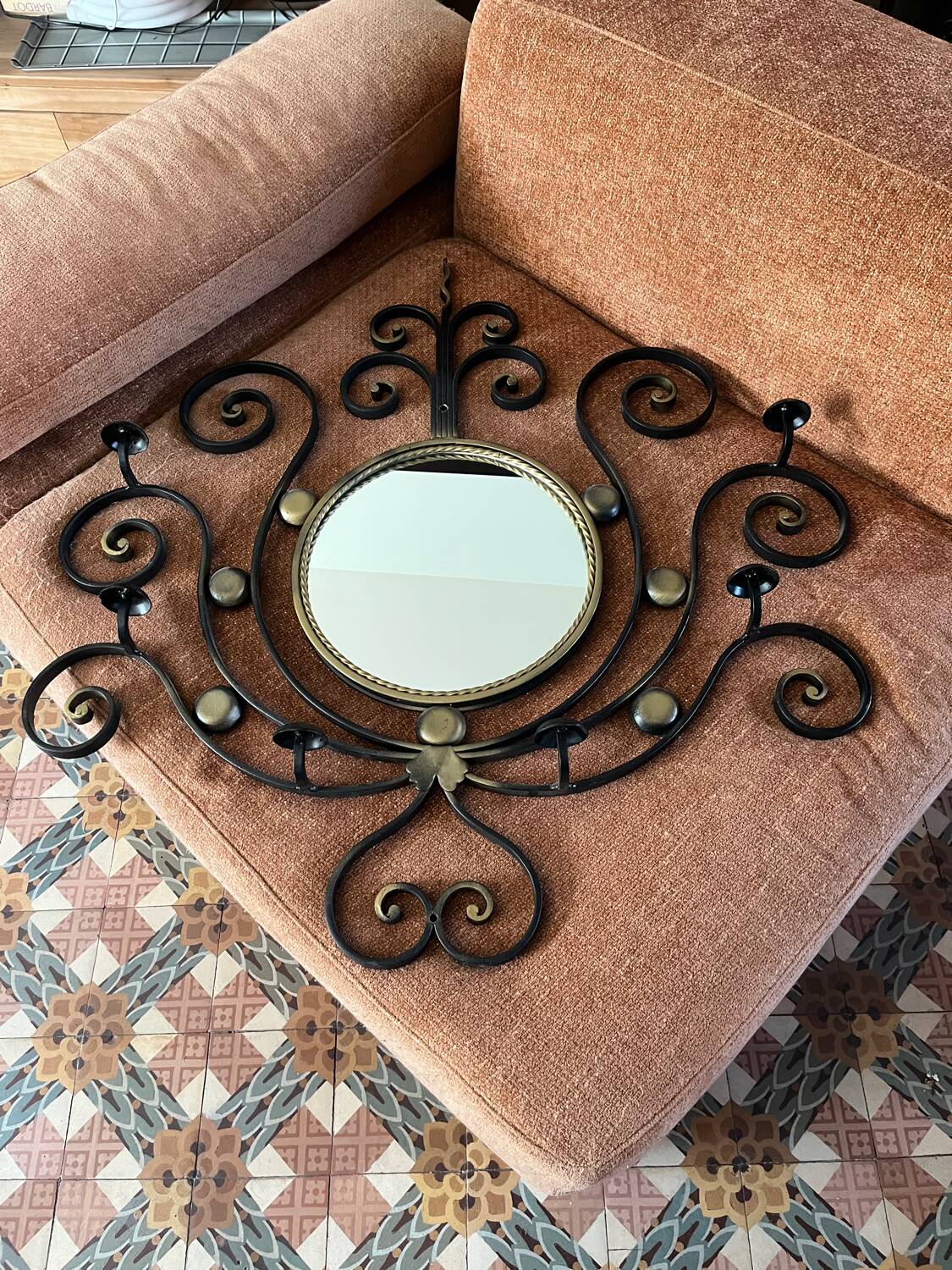 Black wrought iron sun mirror, Vallauris 1960-70
