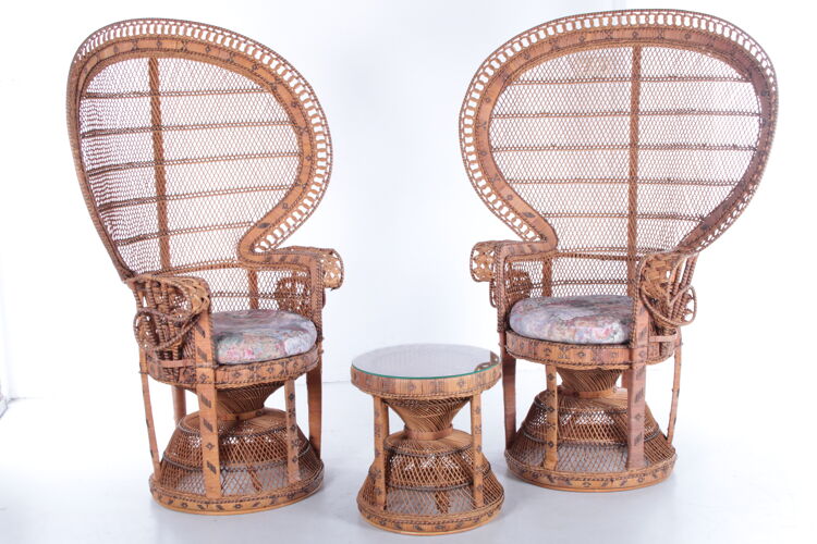 Set of two king sized emmanuelle pauw peacock chairs with side table