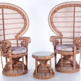 Set of two king sized emmanuelle pauw peacock chairs with side table