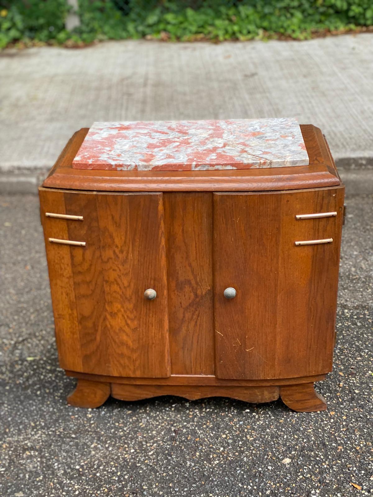 Art Deco bedside table in solid oak and marble from the 1930s.