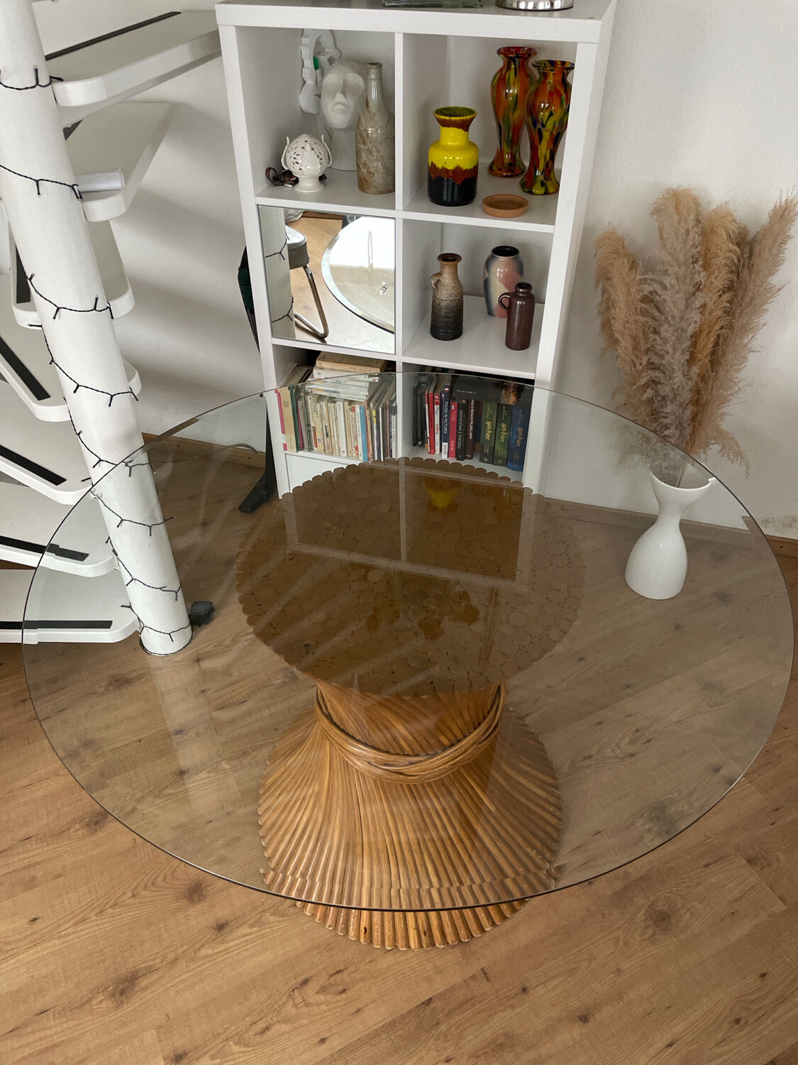 McGuire Bamboo Table – wheat sheaf base, round glass top