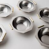 1980s vintage bowls, set of 8, stainless steel with gold handles.