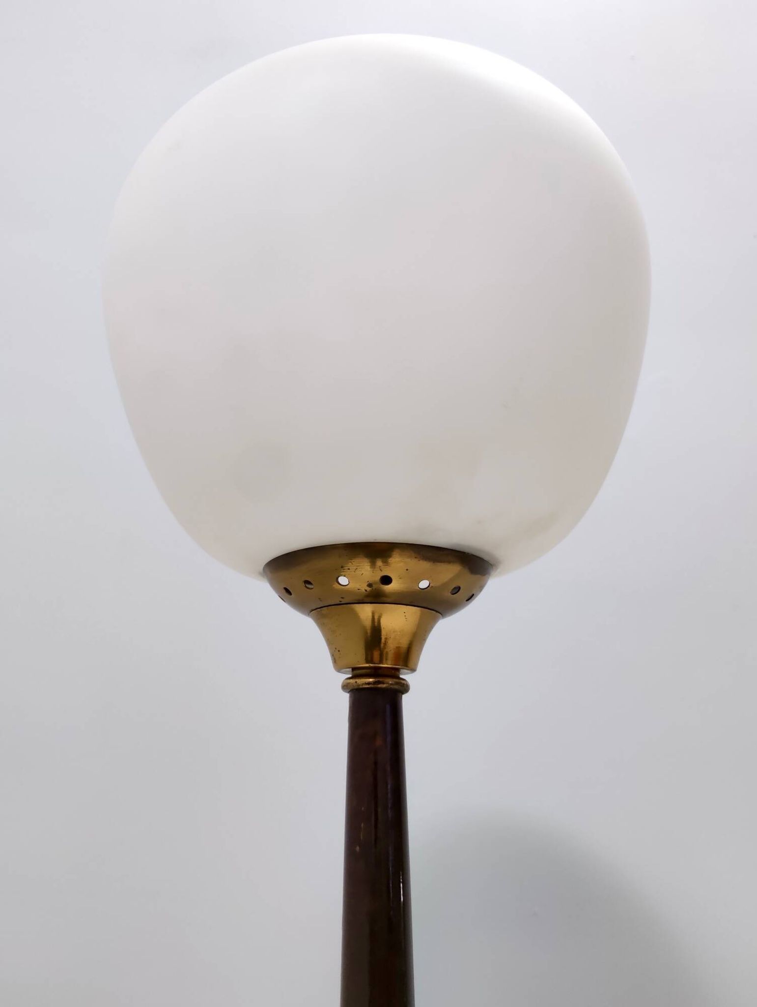 Opaline Glass, Beech and Brass Floor Lamp with Marble Base, Italy