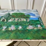 Tableau huile sur toile paysage église pointillisme ancien