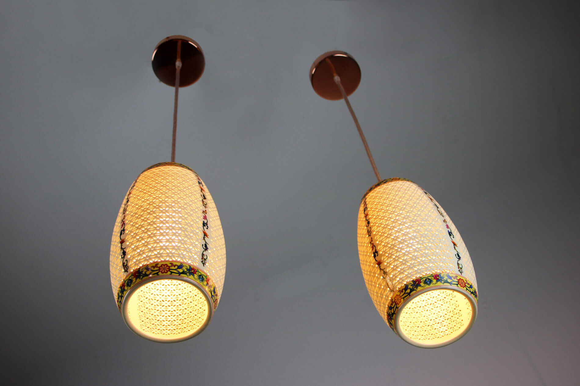 Pair of vintage oriental ceramic pendant lights, 1980s
