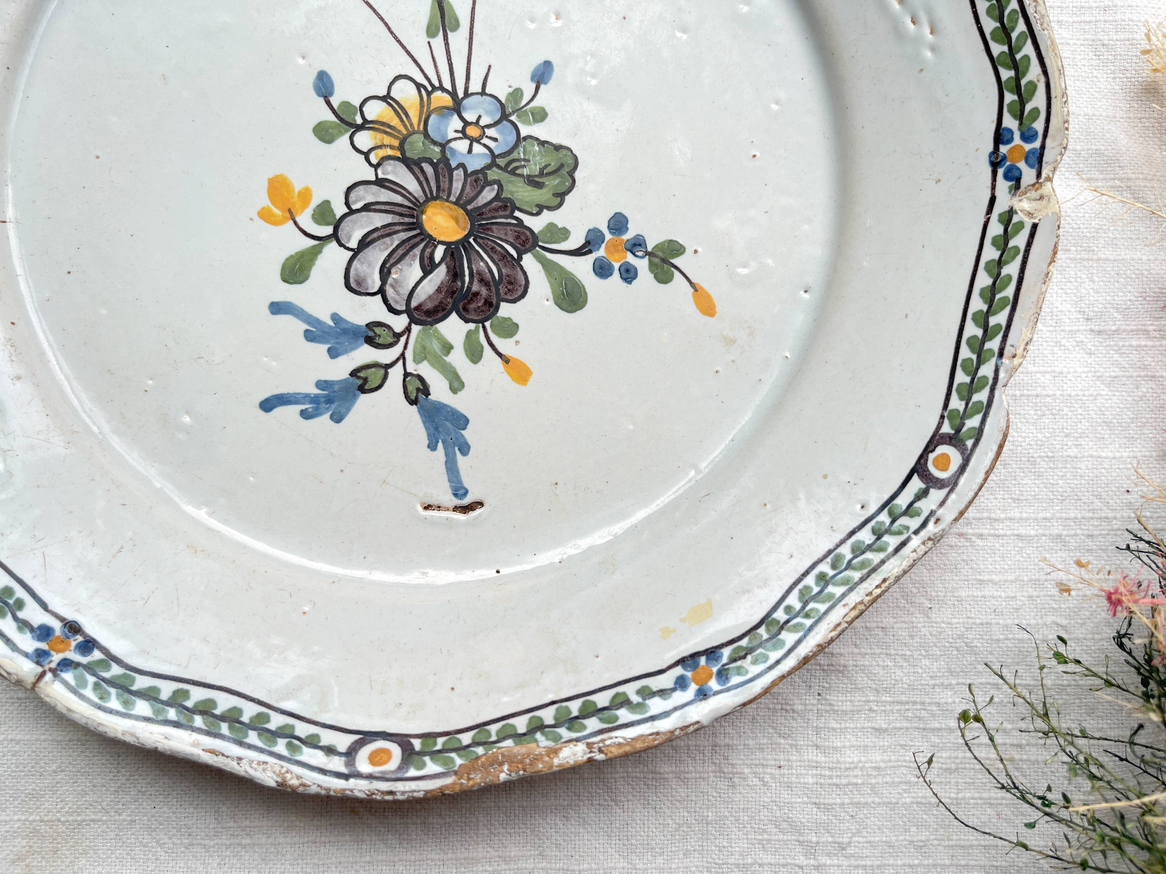 Antique French Earthenware Plate 18th Century NEVERS Floral Pattern