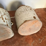 Two old stoneware pots with pickles and olives signed Jacque pouchain