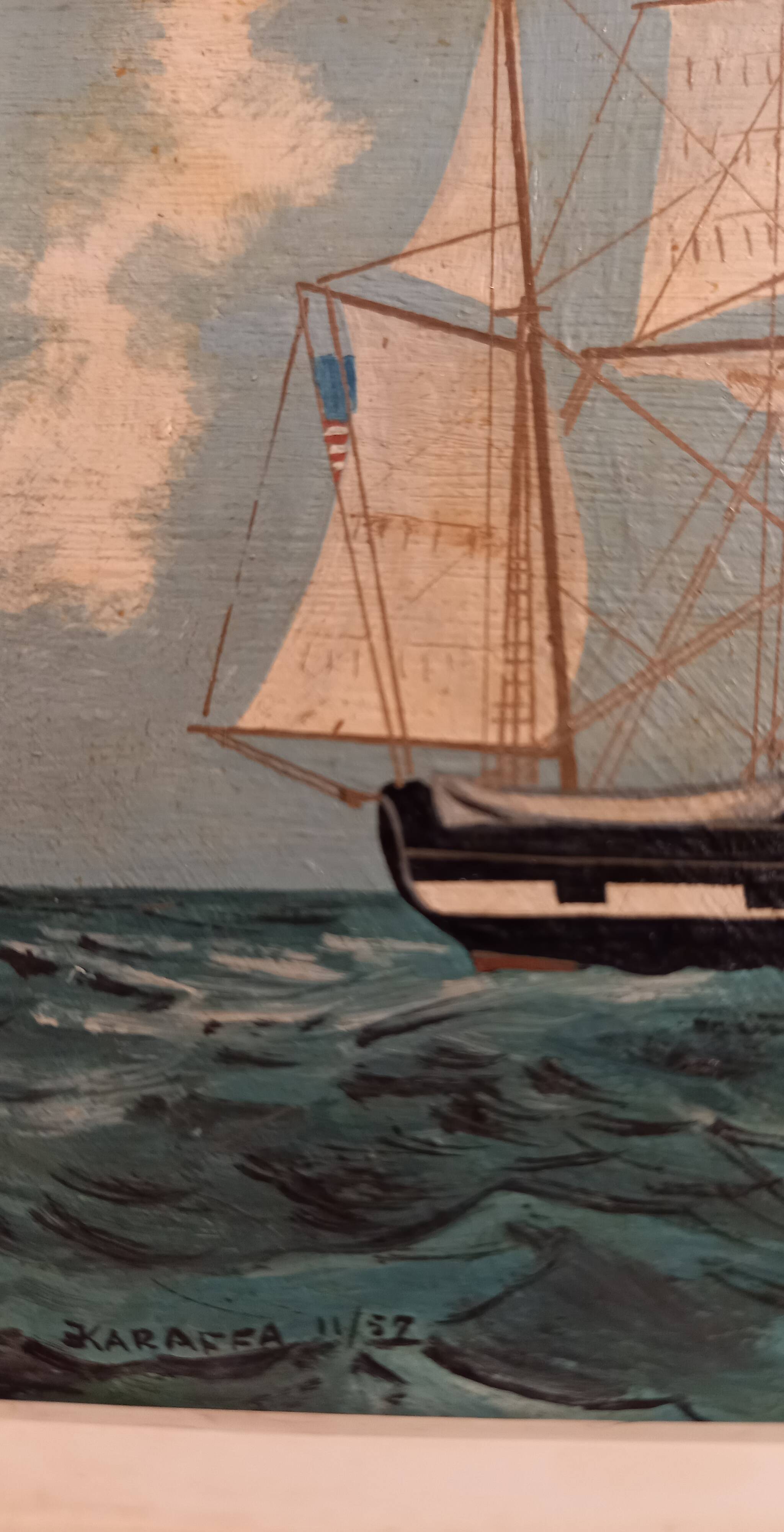 Old painting, oil on wood, schooner at sea, dated 1953, signed.