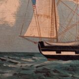 Old painting, oil on wood, schooner at sea, dated 1953, signed.