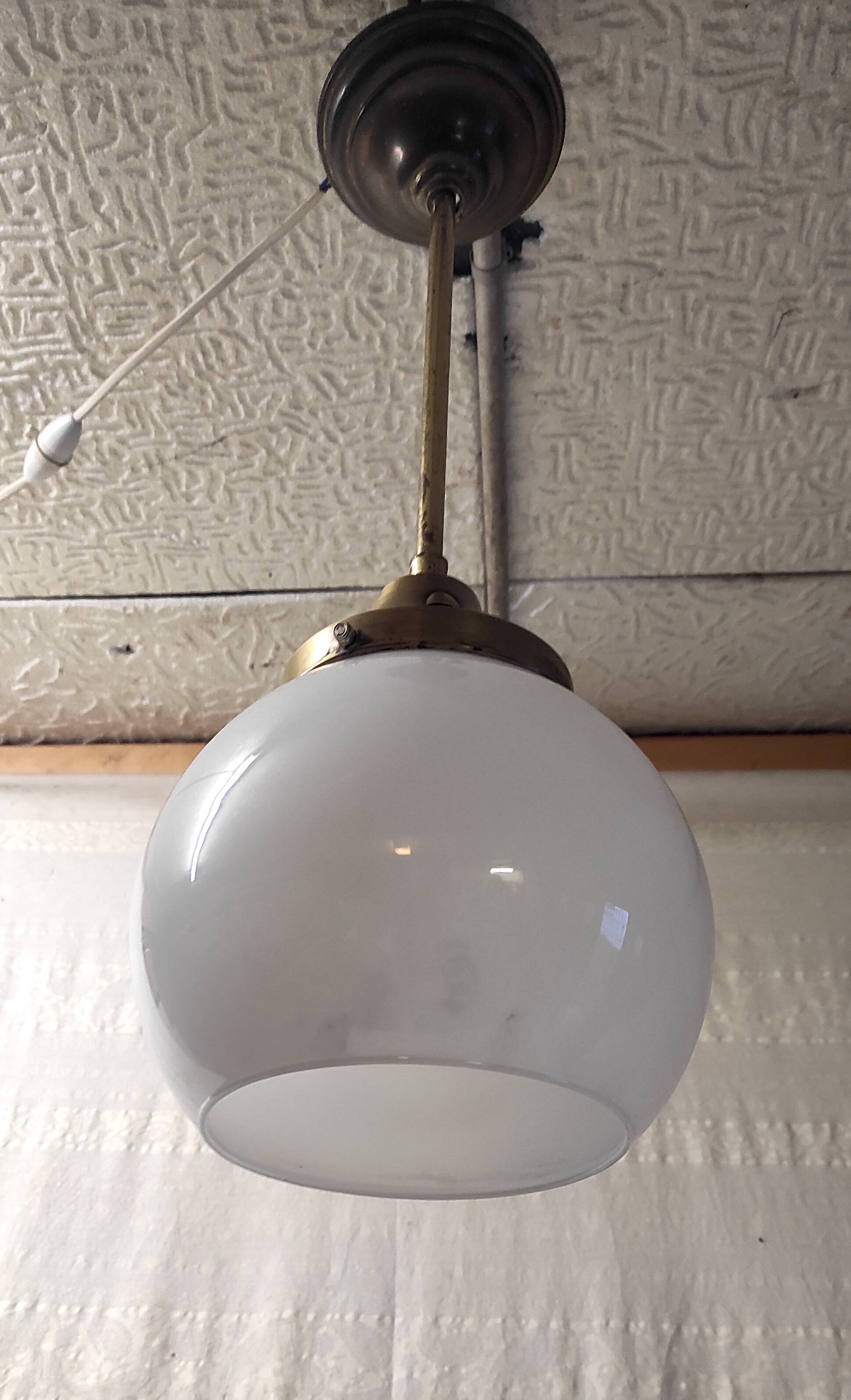 Art Deco pendant light in brass and opaline - mid-20th century