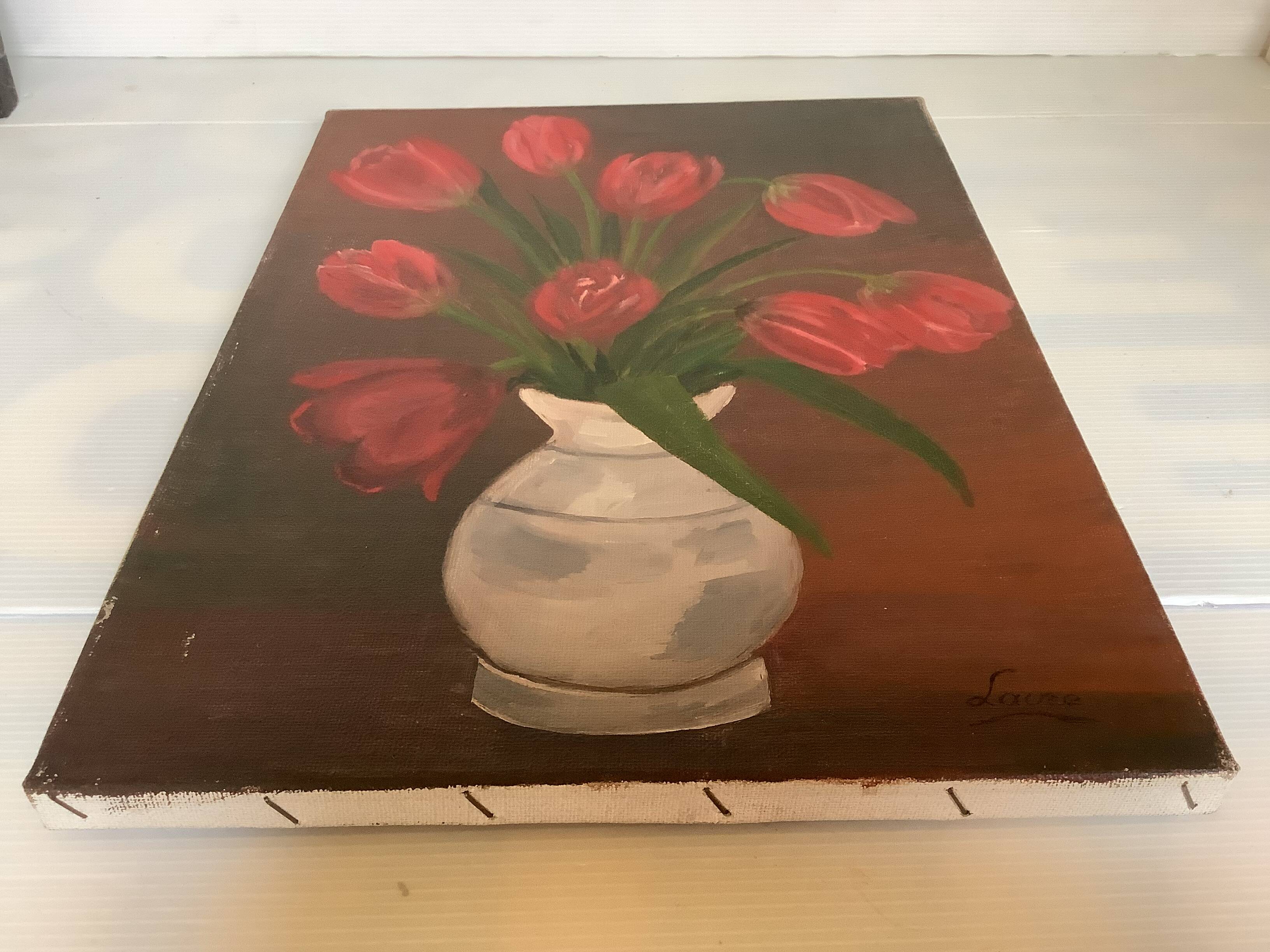 Painting bouquet of tulips oil on canvas signed