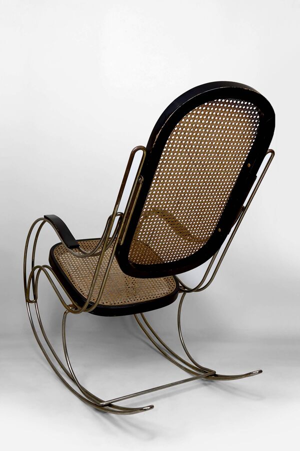 Rocking Chair Moderniste Bois Noirci, Cannage et Structure Chromée, 1960-70