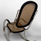 Modernist Rocking Chair in Blackened Wood, Canework and Chrome Frame, 1960-70