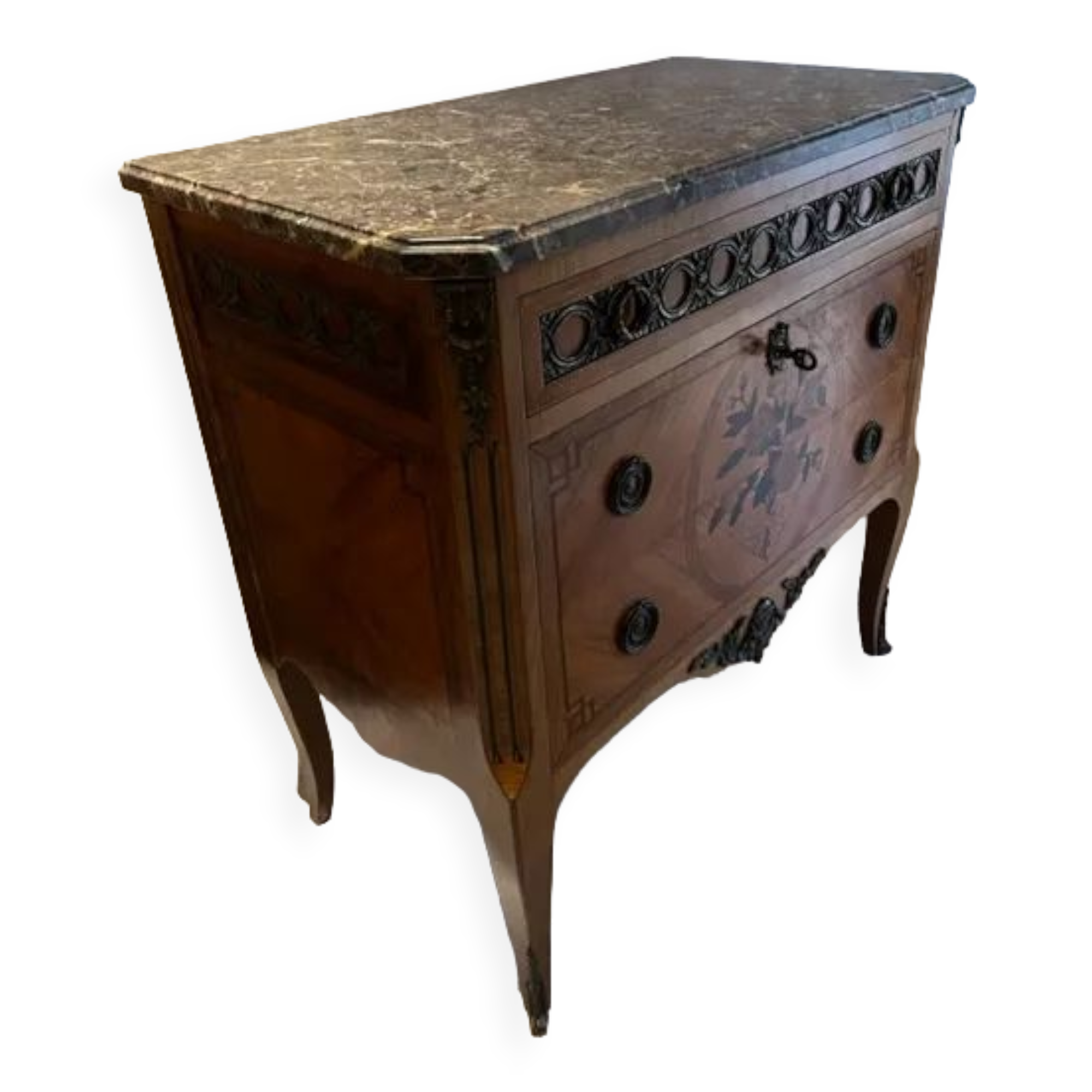 Chest of drawers curved feet marquetry and marble and trim
