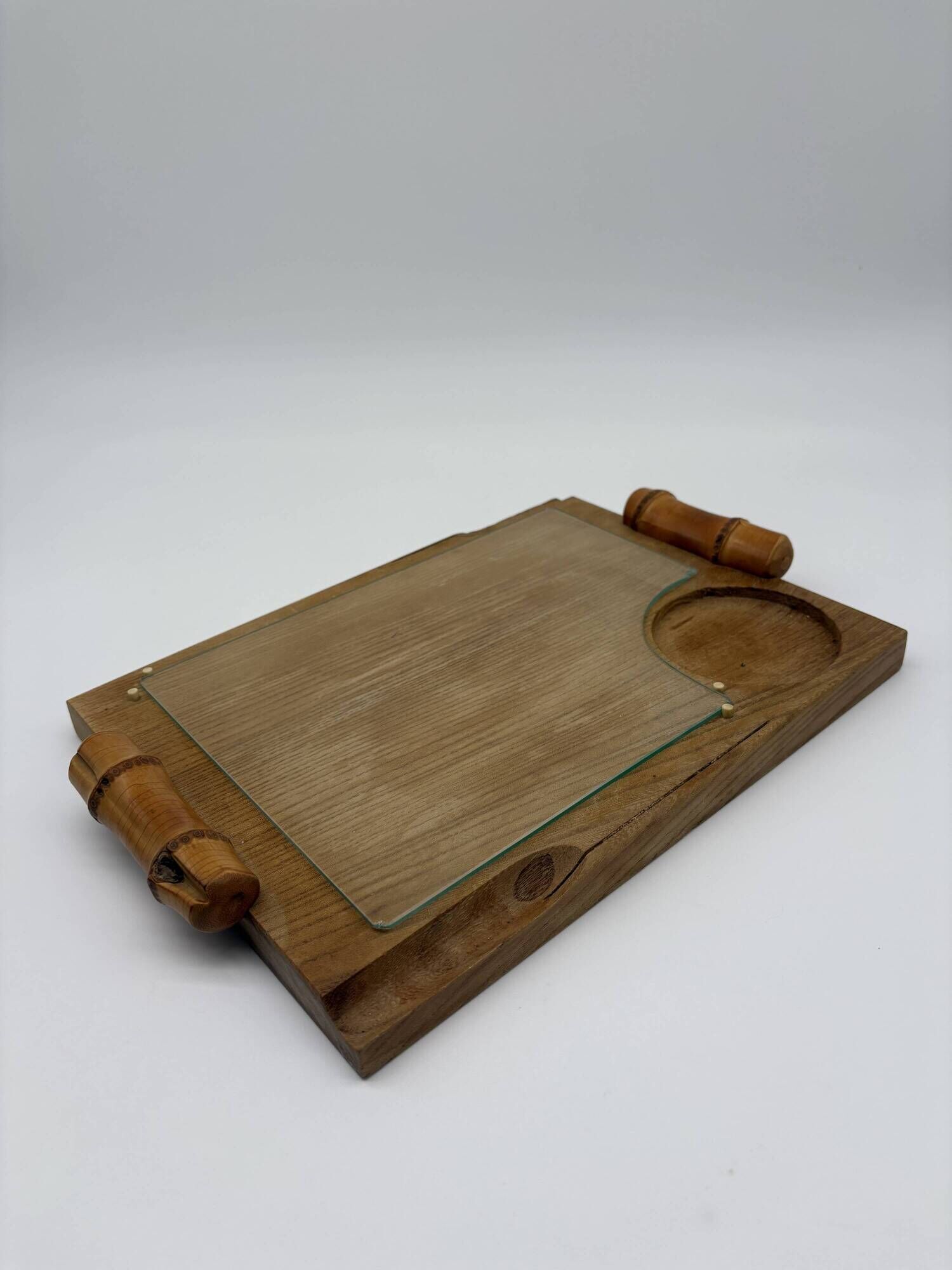 Wood and bamboo vintage plateau, glass, 1960