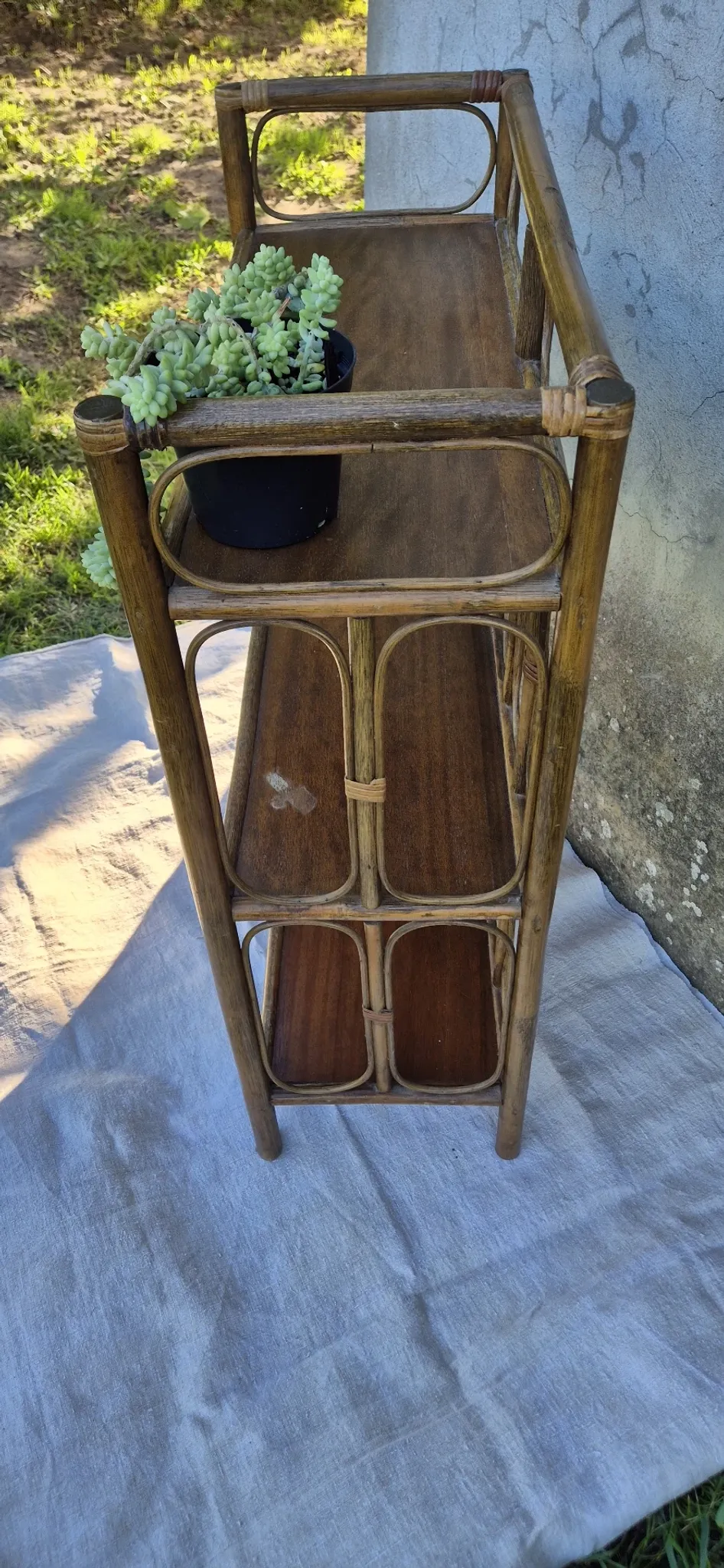 Set of 2 vintage bamboo rattan bedside shelves
