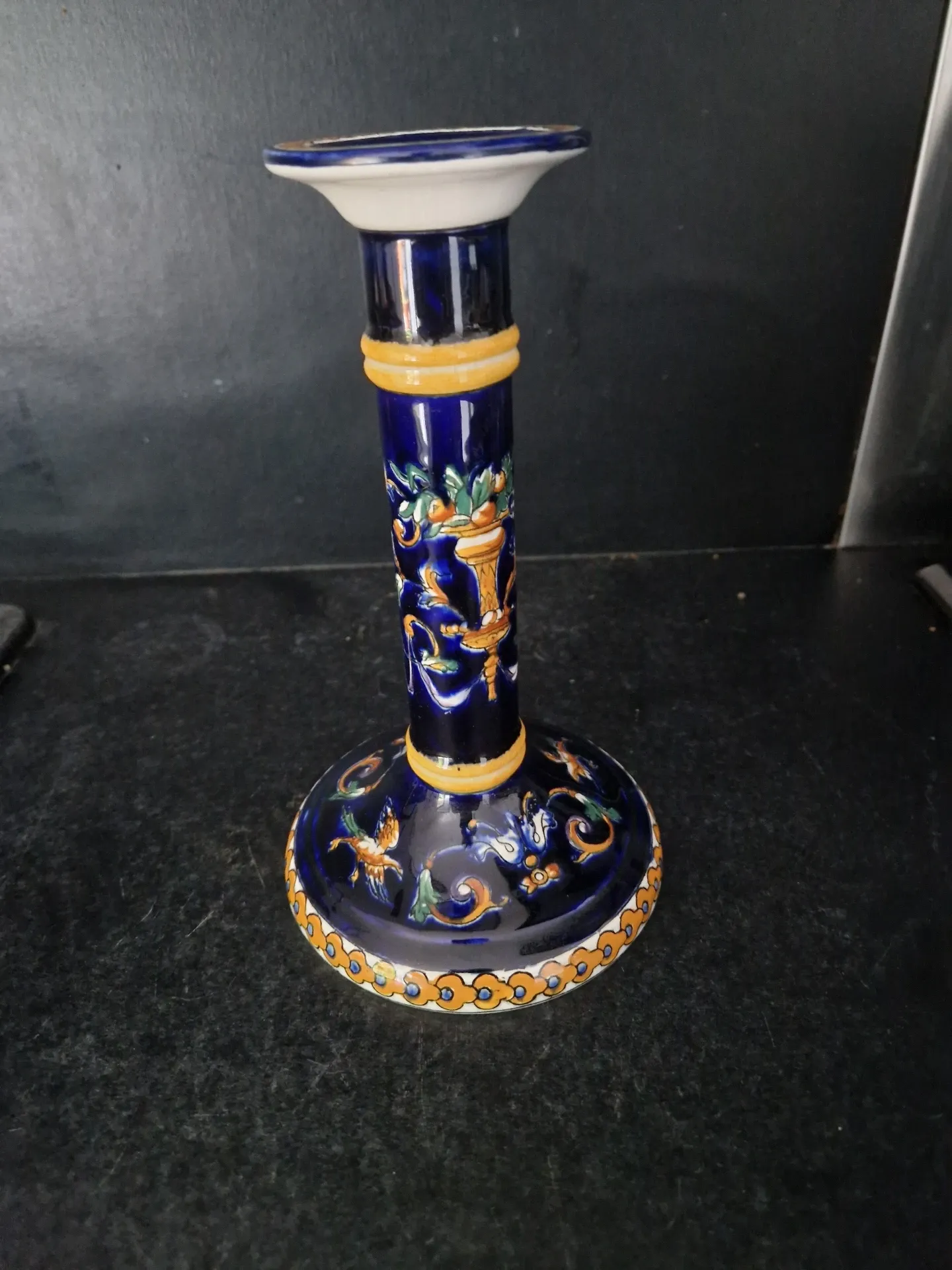 Antique candlestick Faïence from Gien - Renaissance Decor Blue Background - Painted