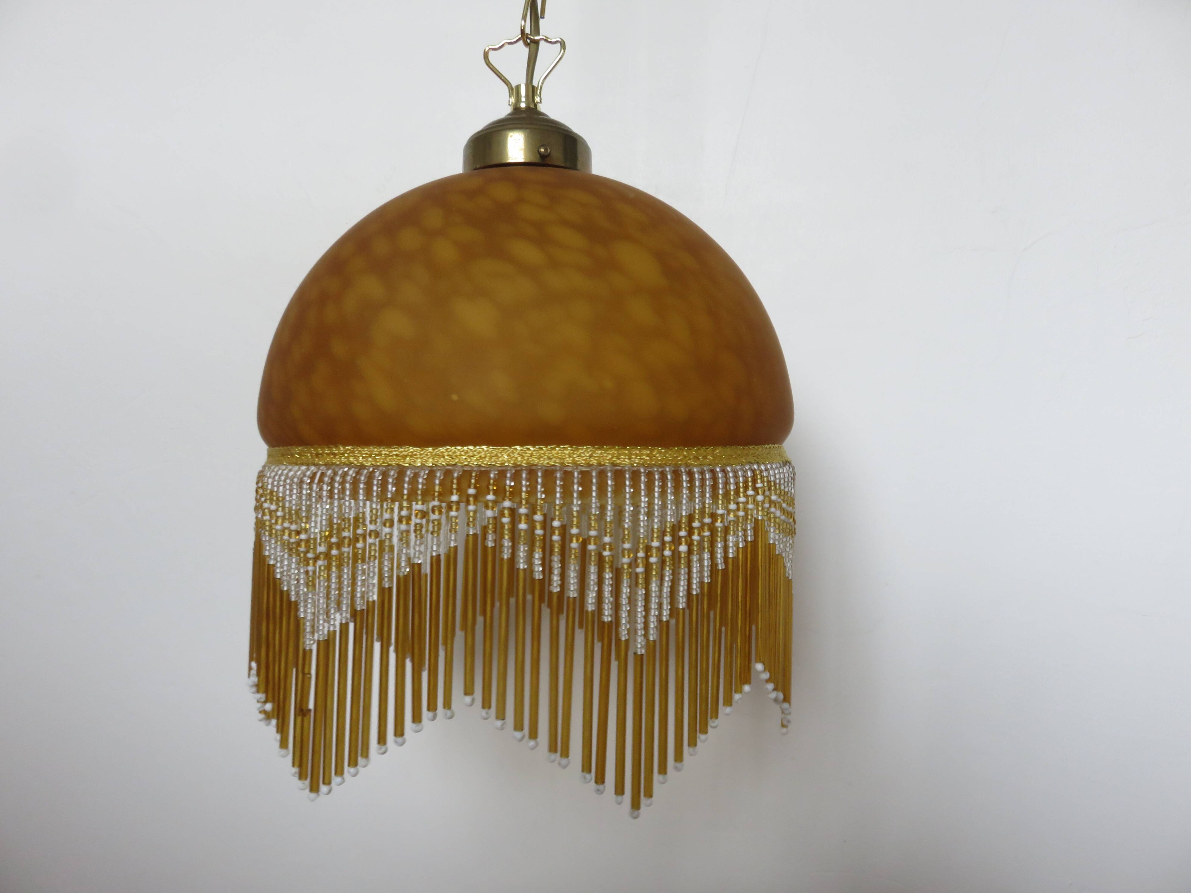 Victorian pendant light in marbled glass, beaded fringes and brass