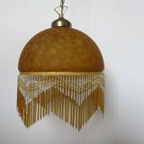 Victorian pendant light in marbled glass, beaded fringes and brass