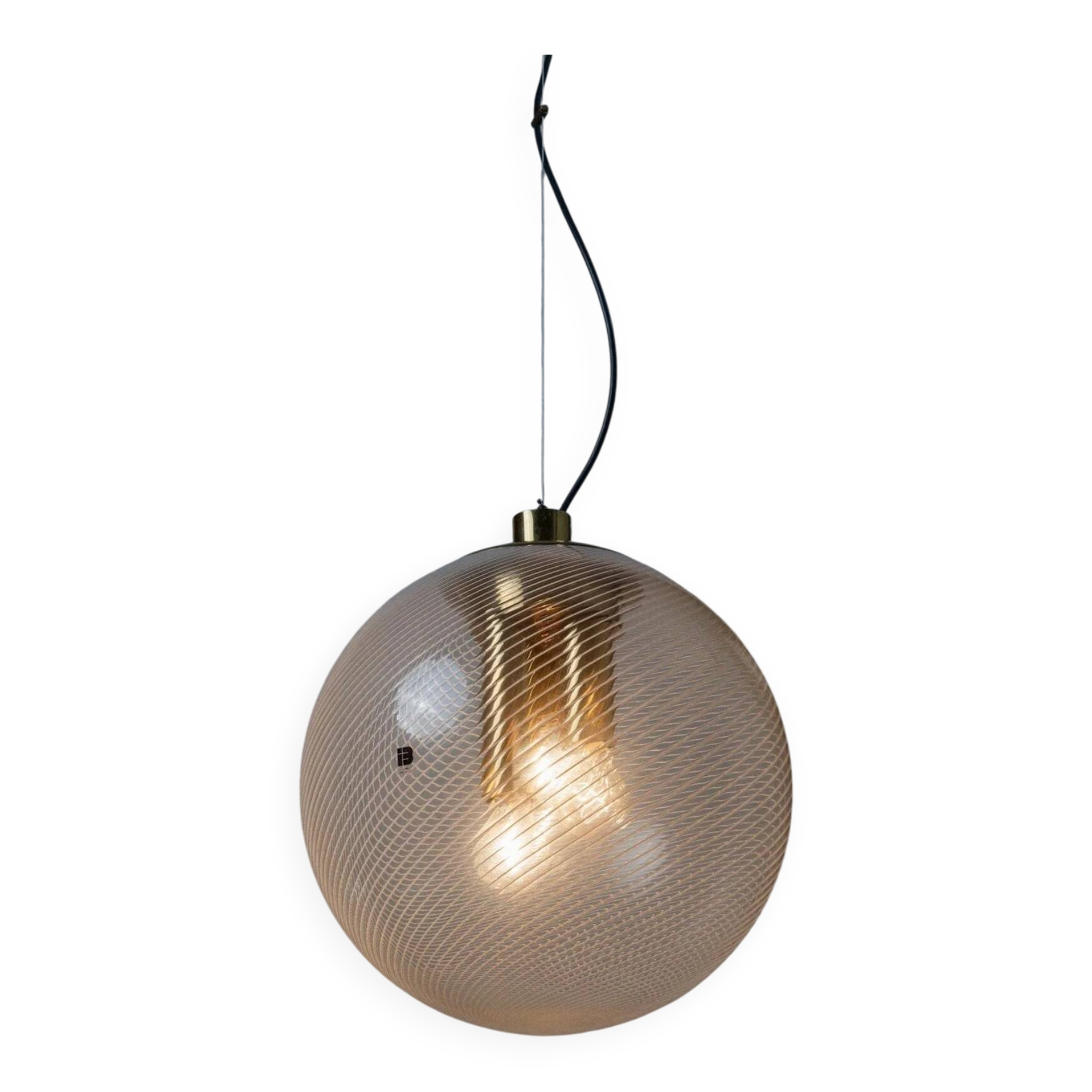 XXL Transparent Murano Glass Globe Lamp with Gold Metal Hardware, 3-Bulb Italian 1960s Vintage Pendant