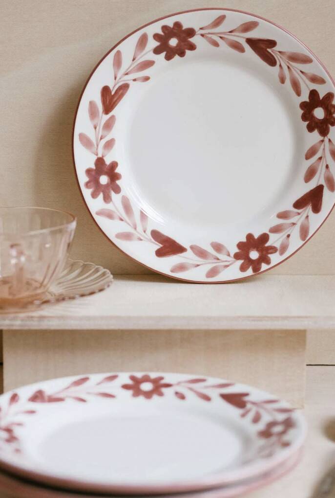 Hand-painted ceramic dessert plate with red flowers