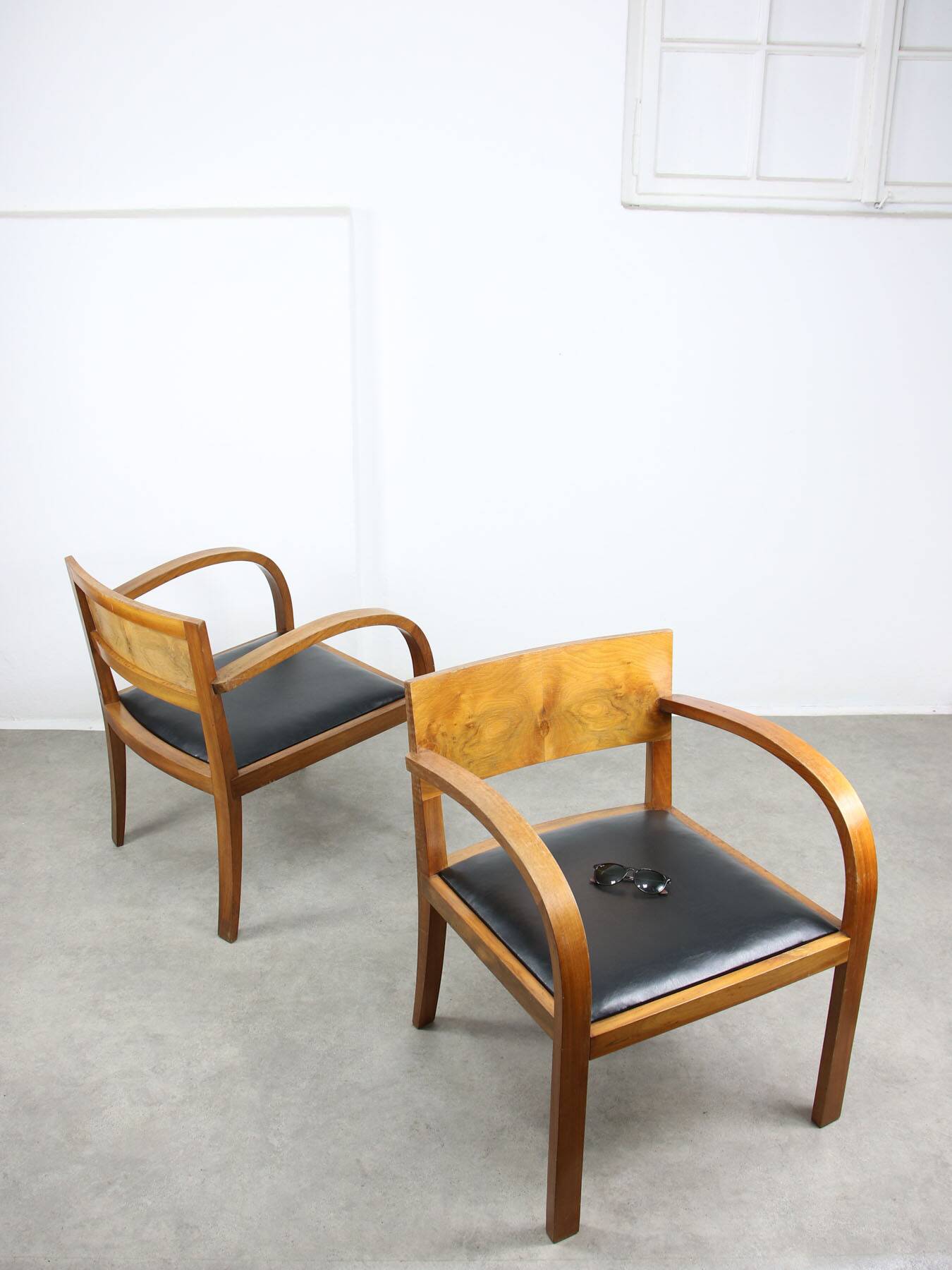 Italian Art Deco Lounge Chairs in Wood & Black Leatherette, set of 2