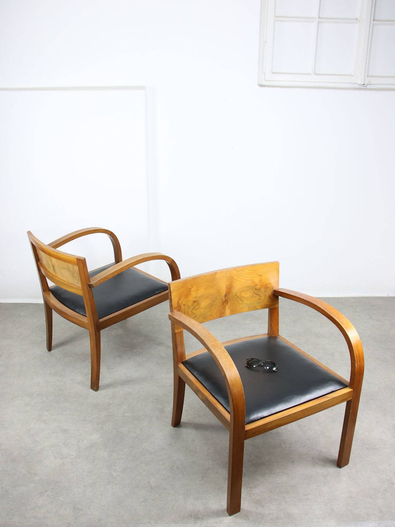 Italian Art Deco Lounge Chairs in Wood & Black Leatherette, set of 2