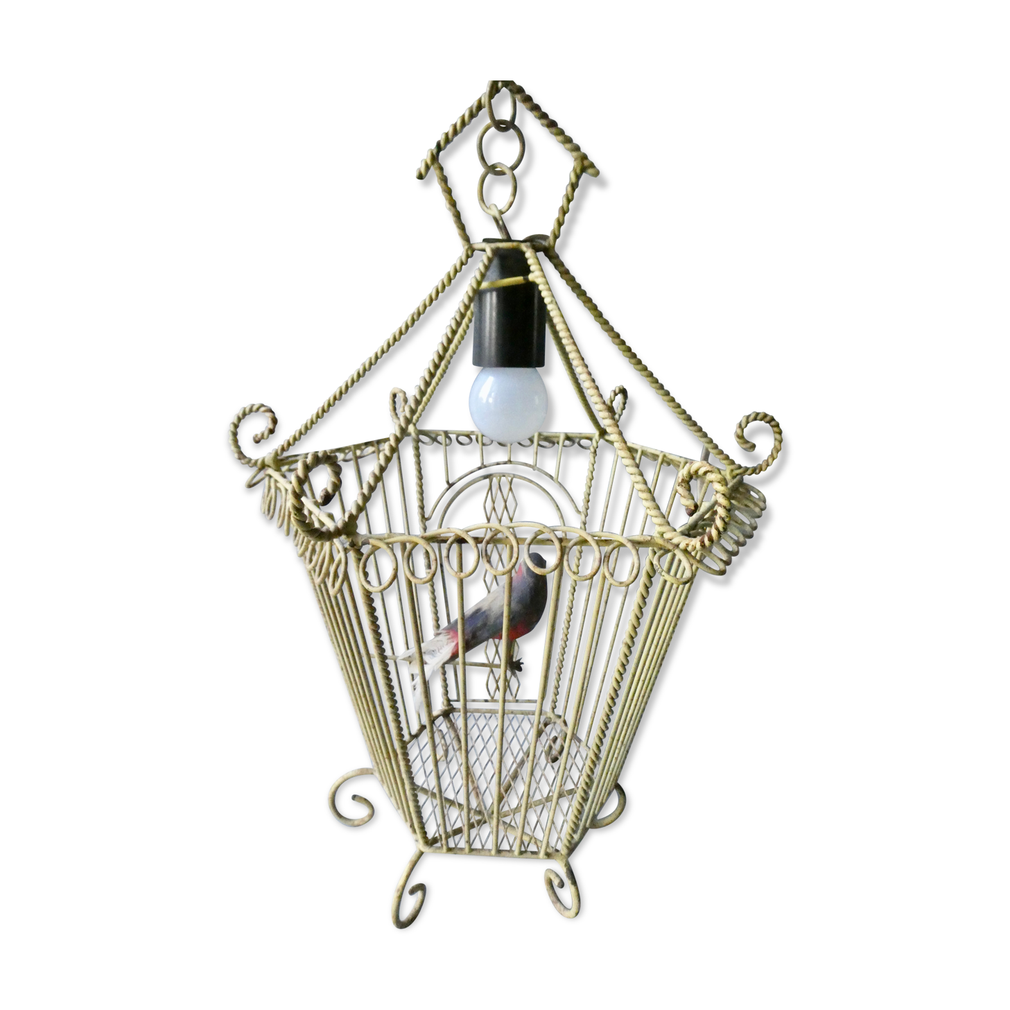 Chandelier suspension in metal, cage shape, from the 60s