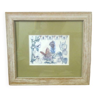cadre rectangulaire bois beige cérusé shabby, image: papillons + pois de senteur