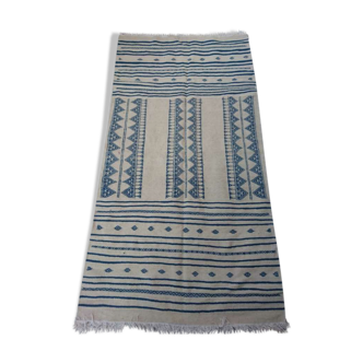 Tapis kilim blanc et bleu en pure laine 125x230cm