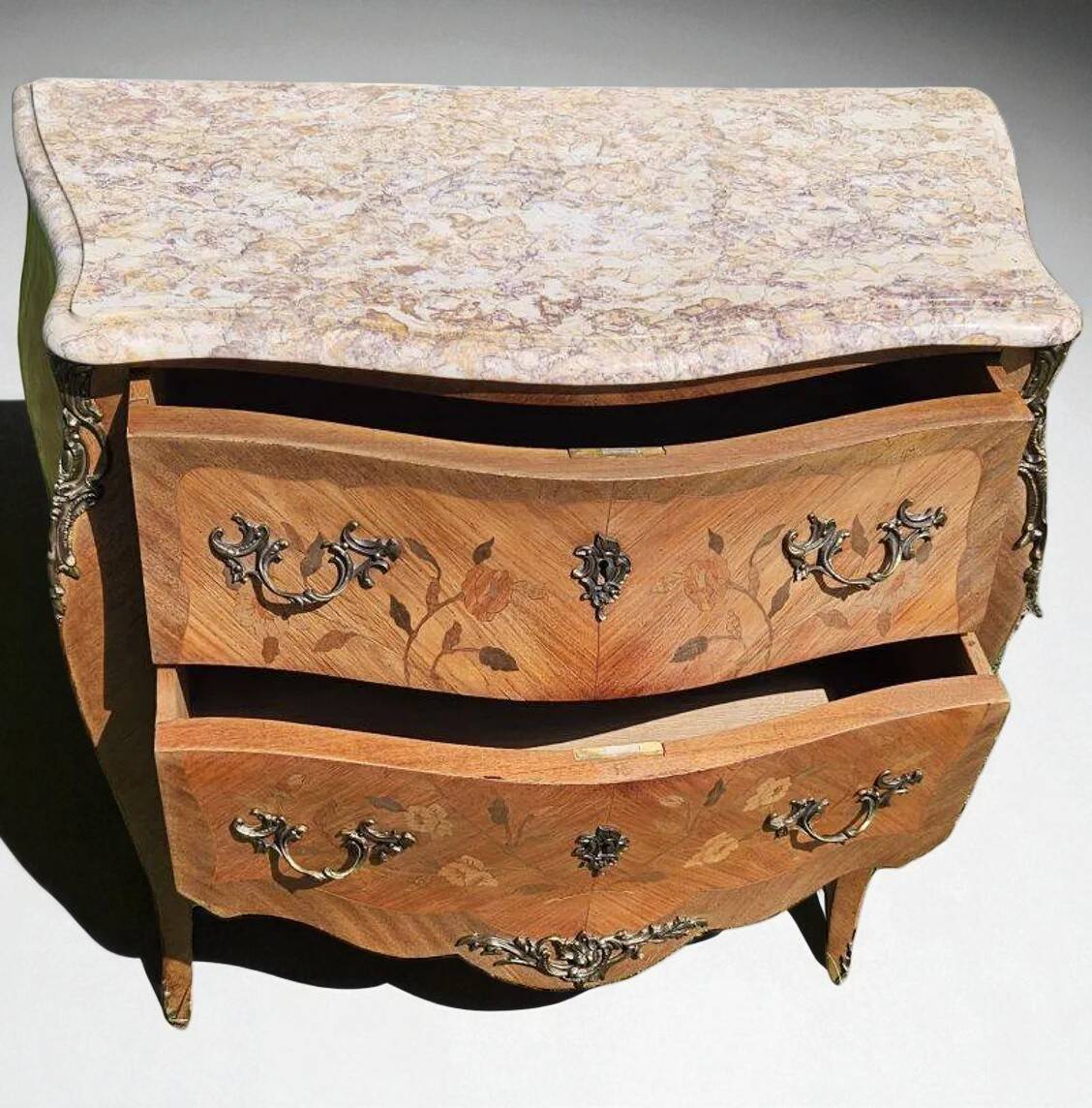 Small Louis XV Style Curved Commode in Marquetry
