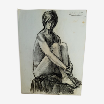 Drawing and charcoal sketch 1950/60 signed
