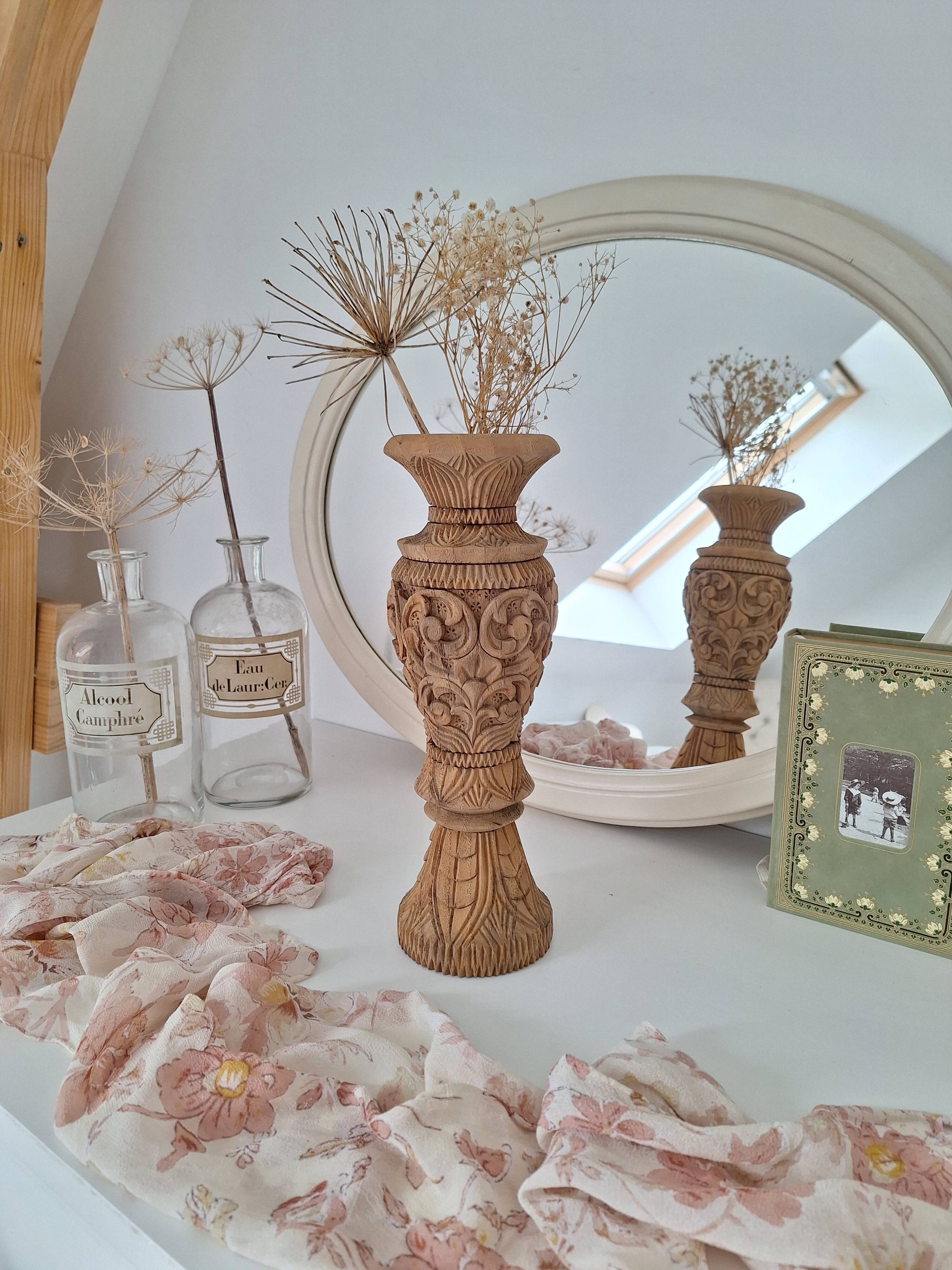 Carved solid wood vase