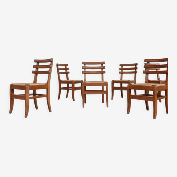 Ensemble de six chaises de salle à manger en chêne français du milieu du siècle (6)