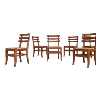 Ensemble de six chaises de salle à manger en chêne français du milieu du siècle (6)