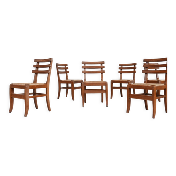 Set of Six Mid-Century French Oak Dining Chairs (6)