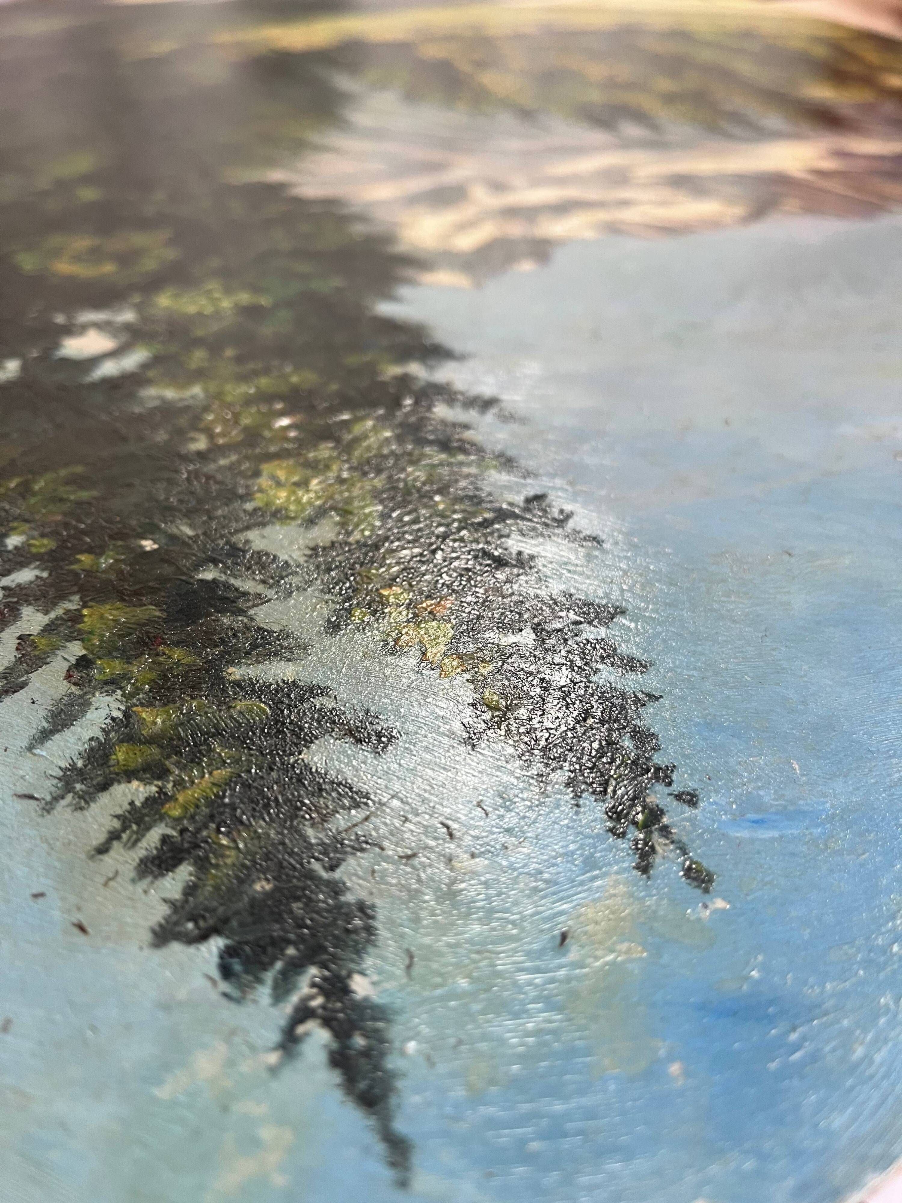 Oil painting on panel "Alpine Landscape with Snow" Mountain signed Bizouard circa 1950