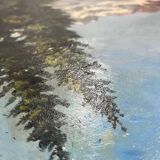 Oil painting on panel "Alpine Landscape with Snow" Mountain signed Bizouard circa 1950