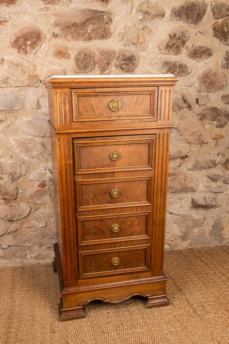 Louis XVI style bedside chest of drawers, marble top, late 19th century.