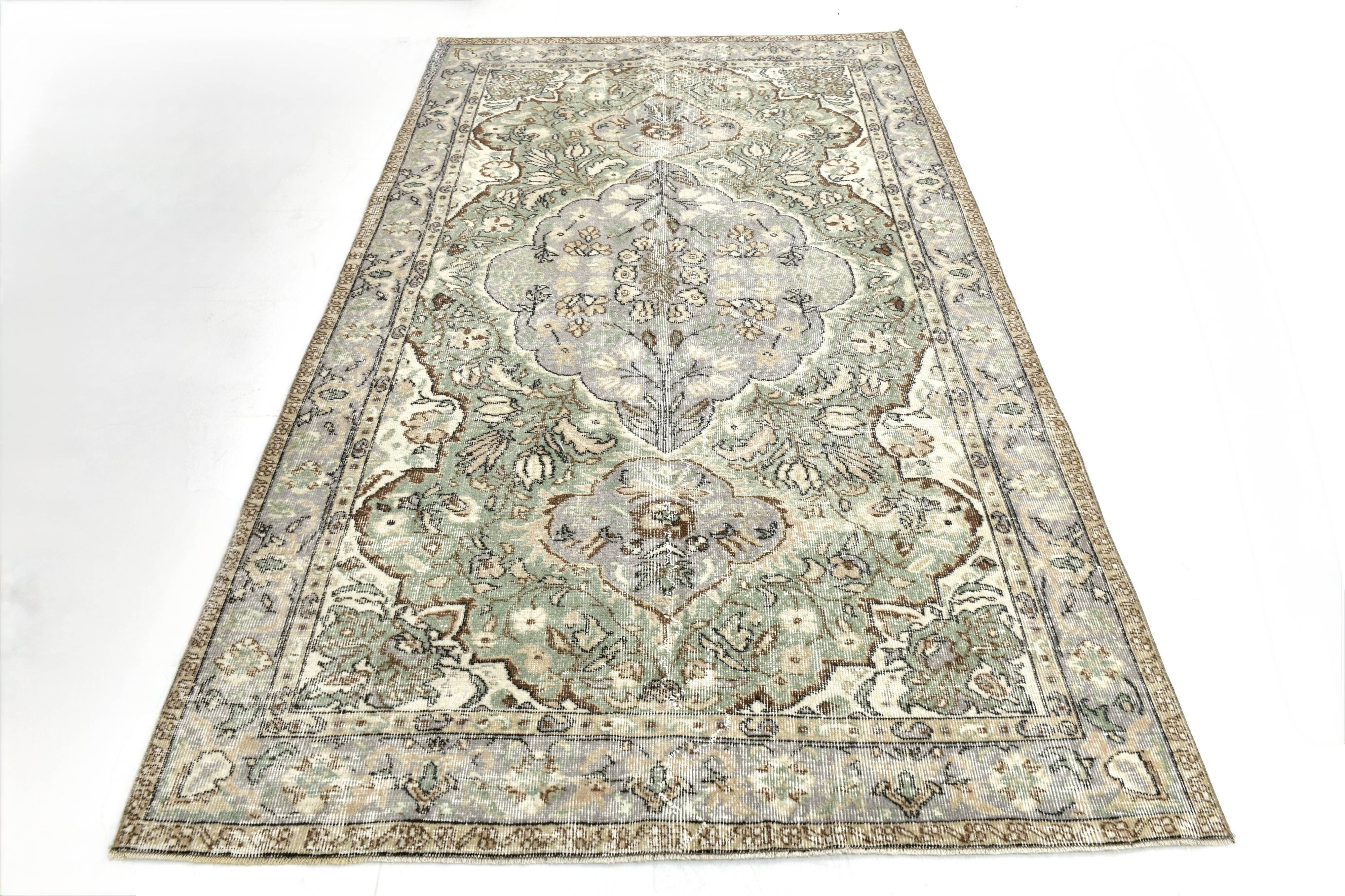 5x9 Turkish Olive Green & Cream Floral Vintage Area Rug, 169x280Cm