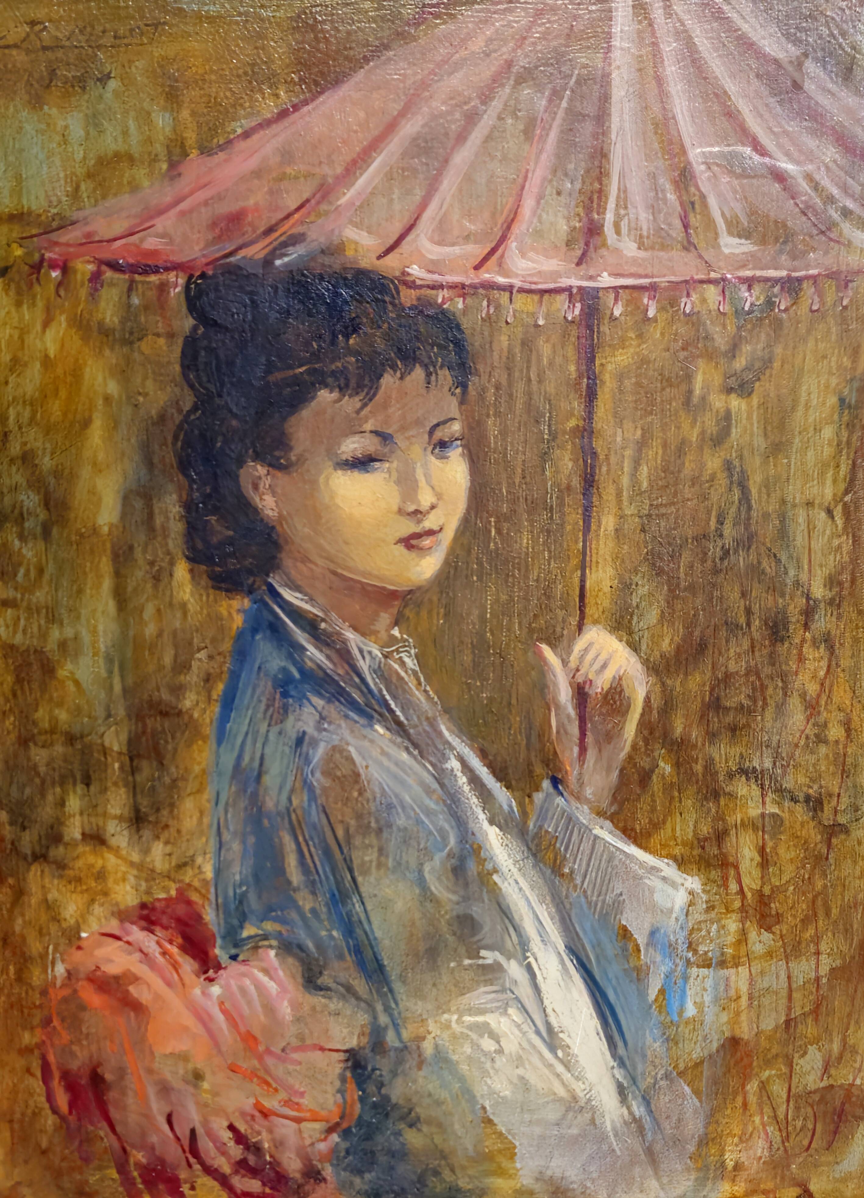 R. Milot – Young Woman with a Parasol – Oil on Panel – Art Deco Period