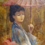 R. Milot – Young Woman with a Parasol – Oil on Panel – Art Deco Period