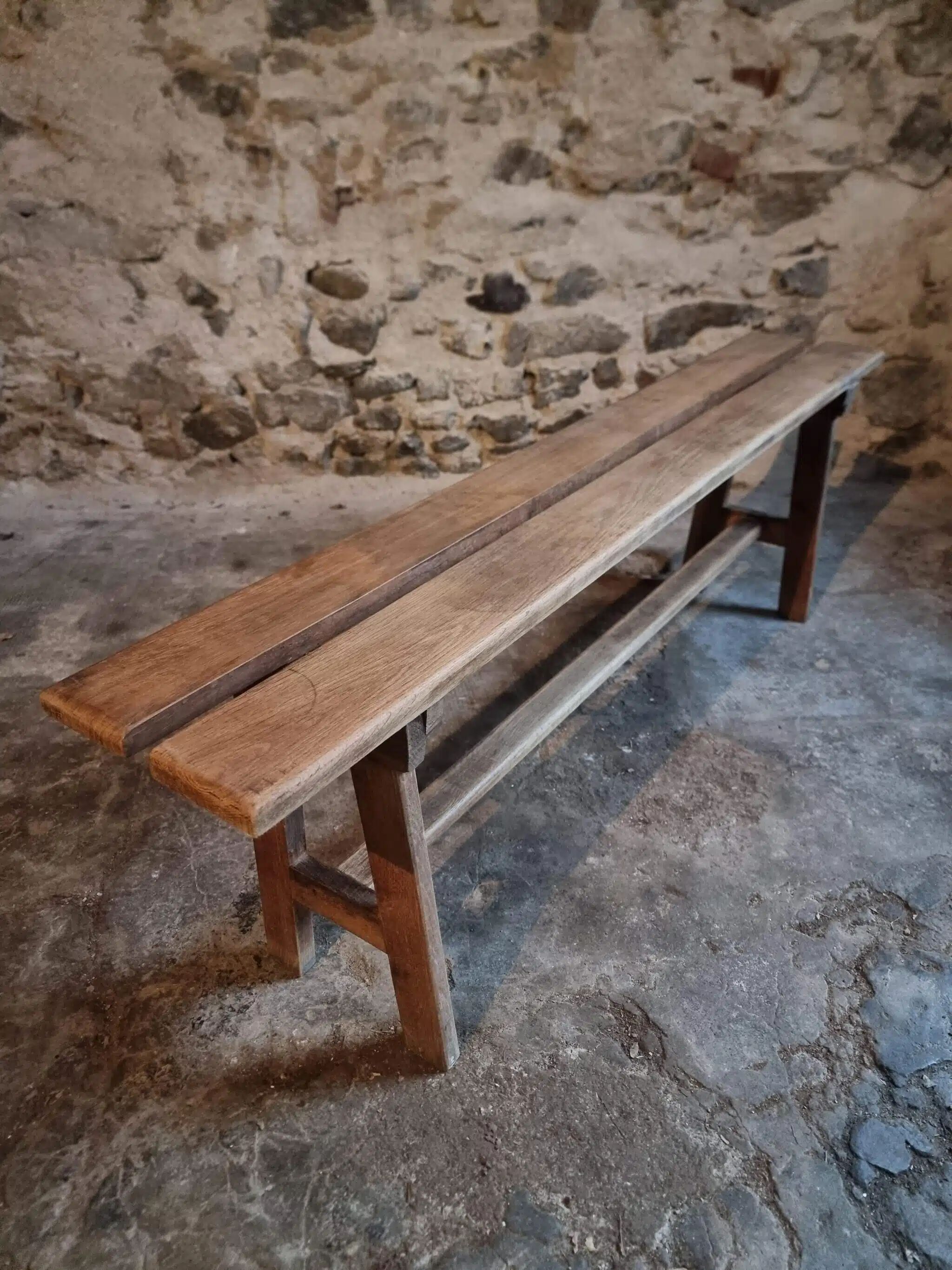 Vintage French oak bench, rustic wooden bench, France 1950s.