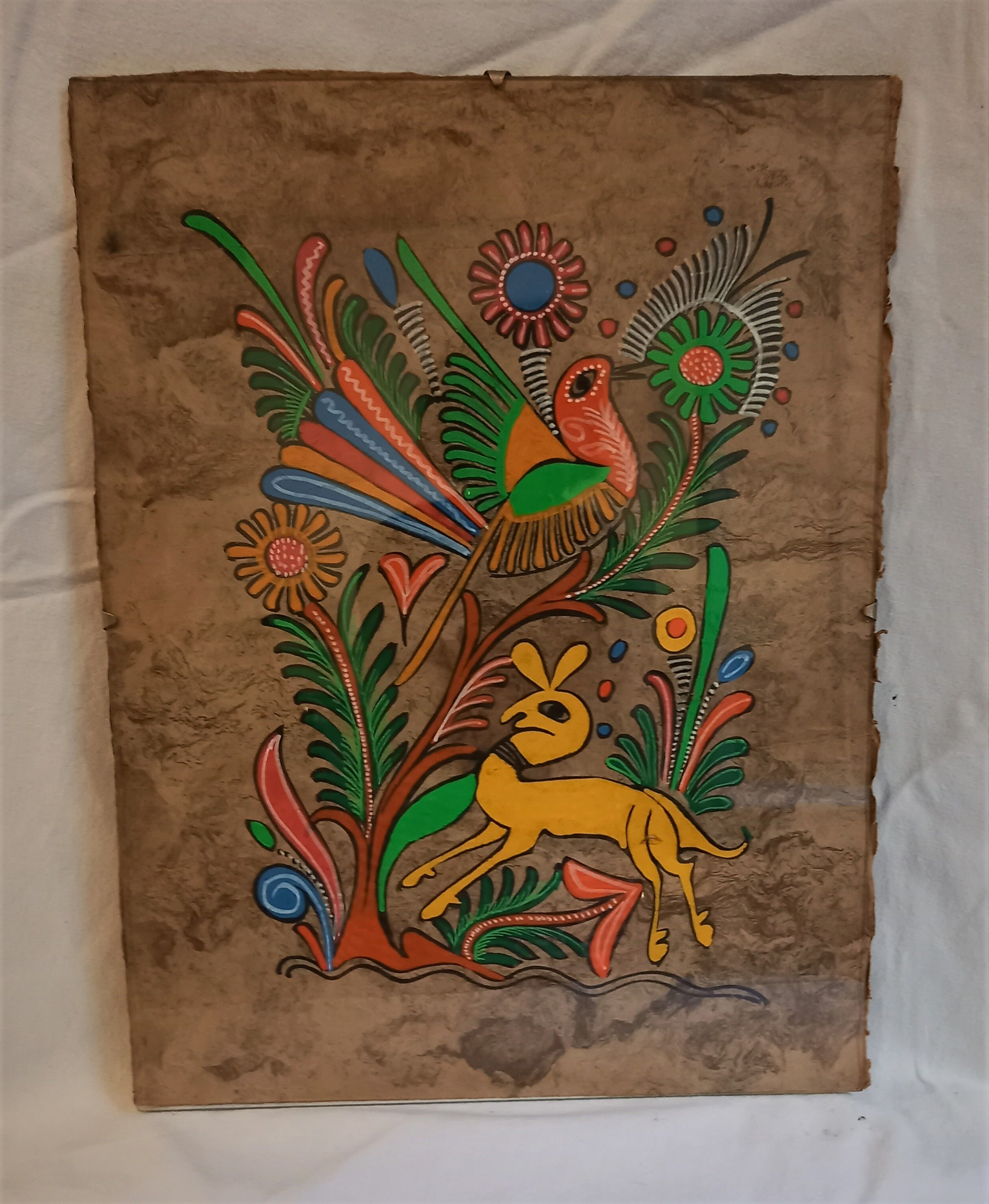 Mexican handmade painting, doe and bird, on natural vegetable fiber