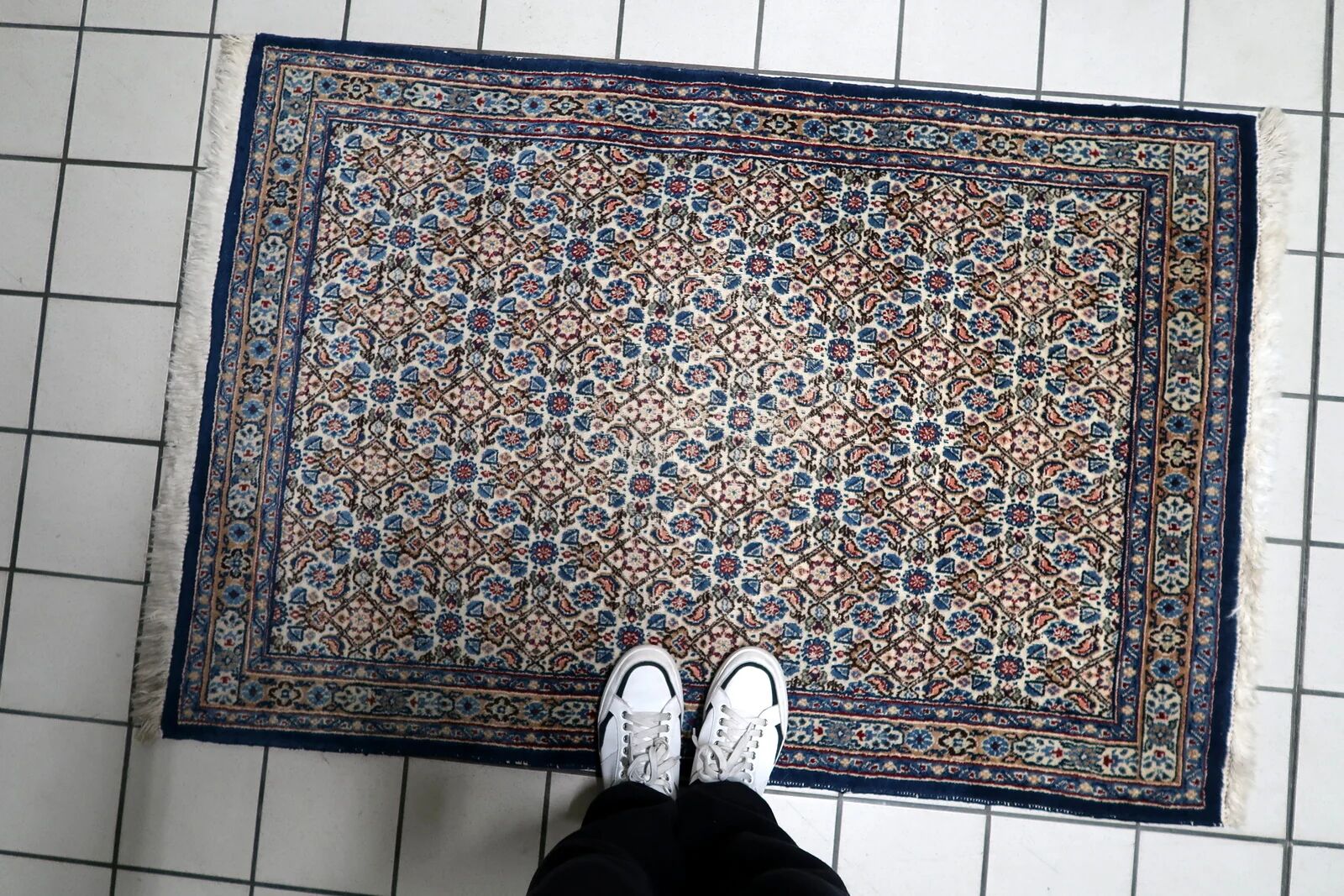 1950s handmade wool floral rug, ivory and blue, 98 × 145 cm