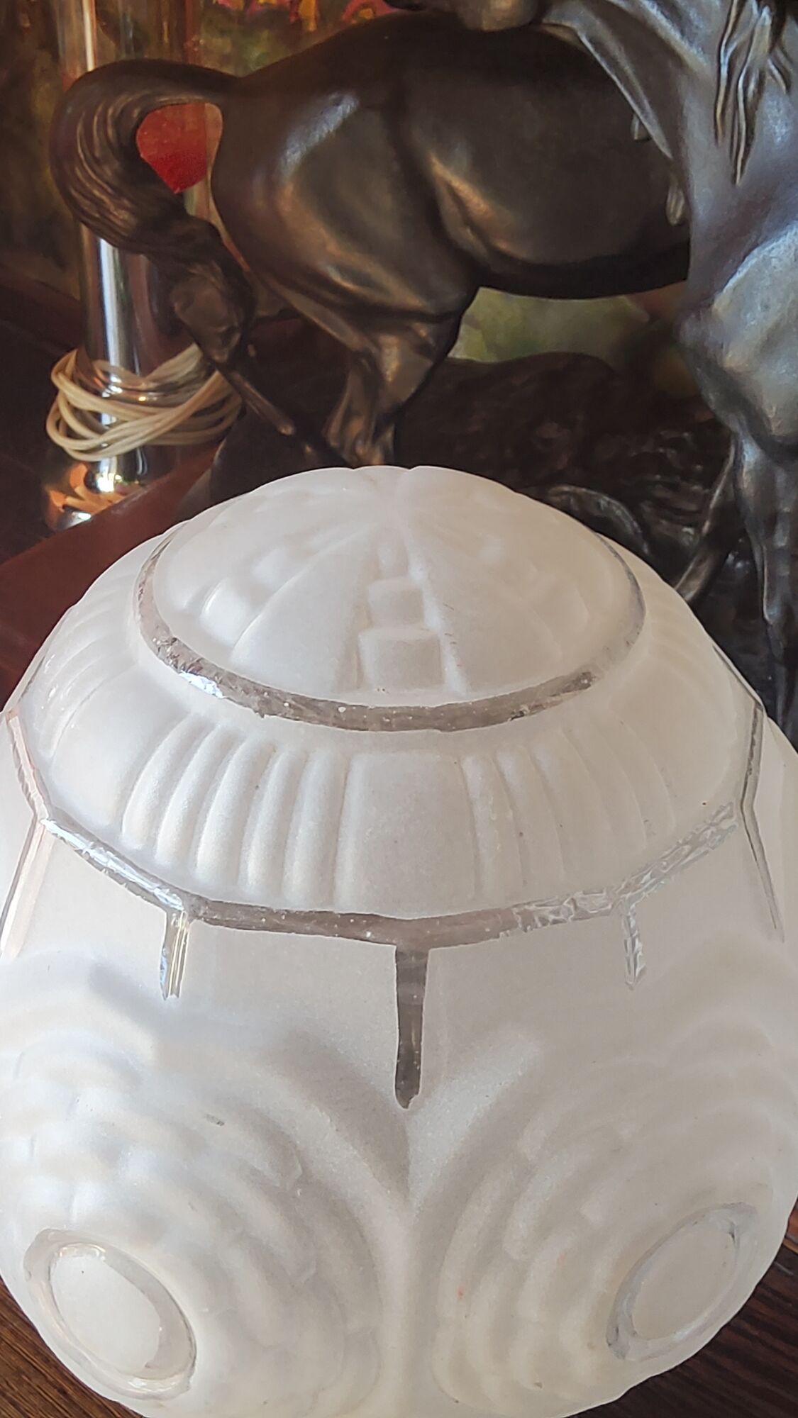 Modernist art deco suspension ceiling lamp in glass and chromed metal