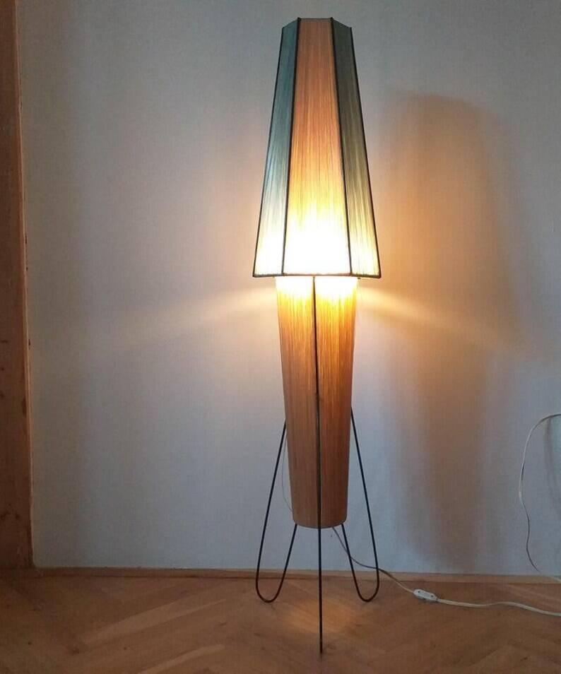 Rare Midcentury Rocket Floor Lamp, Metal and Straw, German Design
